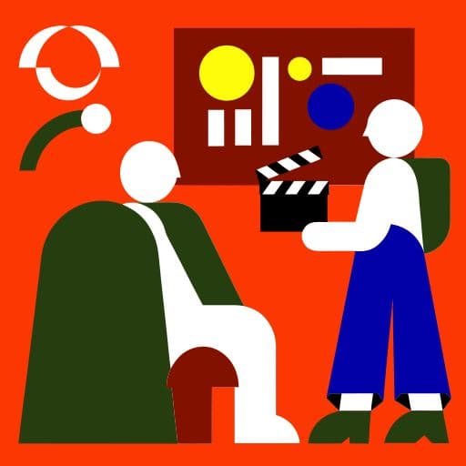 Flat vector illustration of a filmmaker directing a scene on set.