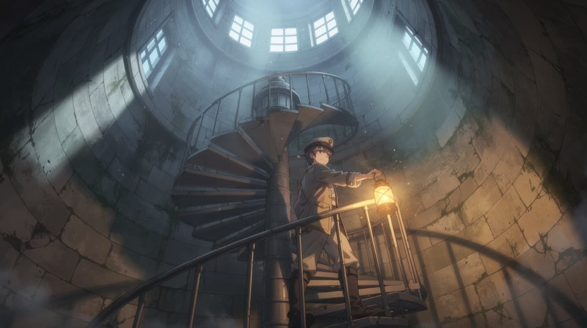 A lighthouse keeper climbing a spiral staircase inside a lighthouse tower, low angle, rendered in the anime style.