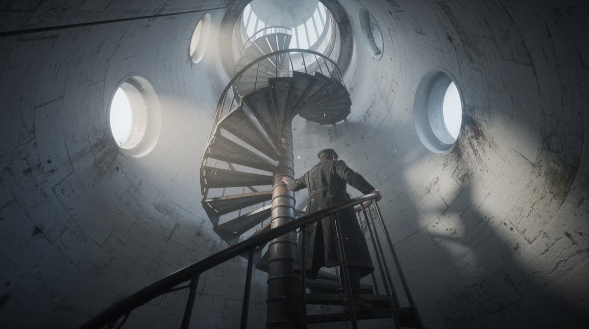 A lighthouse keeper climbing a spiral staircase inside a lighthouse tower, low angle, rendered in the cinematic style.