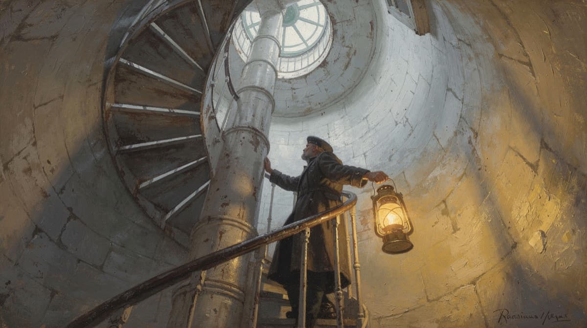 A lighthouse keeper climbing a spiral staircase inside a lighthouse tower, low angle, rendered in the oil painting style.