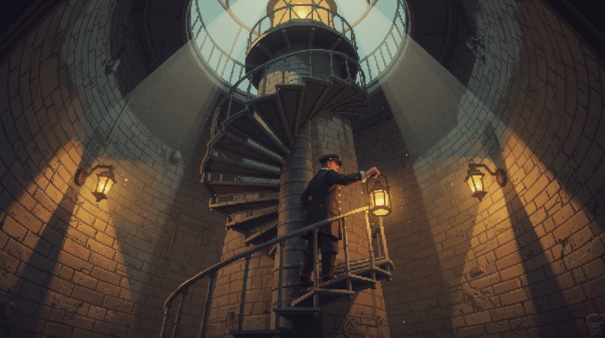 A lighthouse keeper climbing a spiral staircase inside a lighthouse tower, low angle, rendered in the pixel art style.